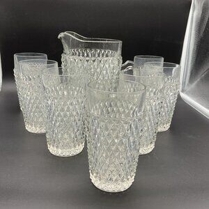 Vintage Indiana Glass Diamond Point Clear Pressed Glass Pitcher & 7 Tumbler Set